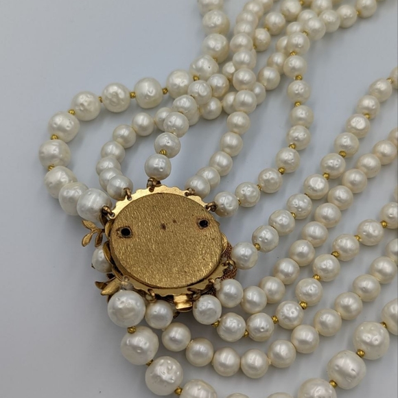 Miriam Haskell Unsigned Multi Strand Faux Pearl Ornate Gold floral & Rhinestone - Picture 5 of 13